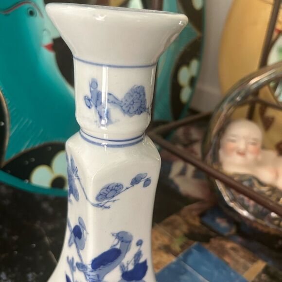 Vintage Chinoiserie Blue And White Candlestick Holder 9" - Picture 15 of 16